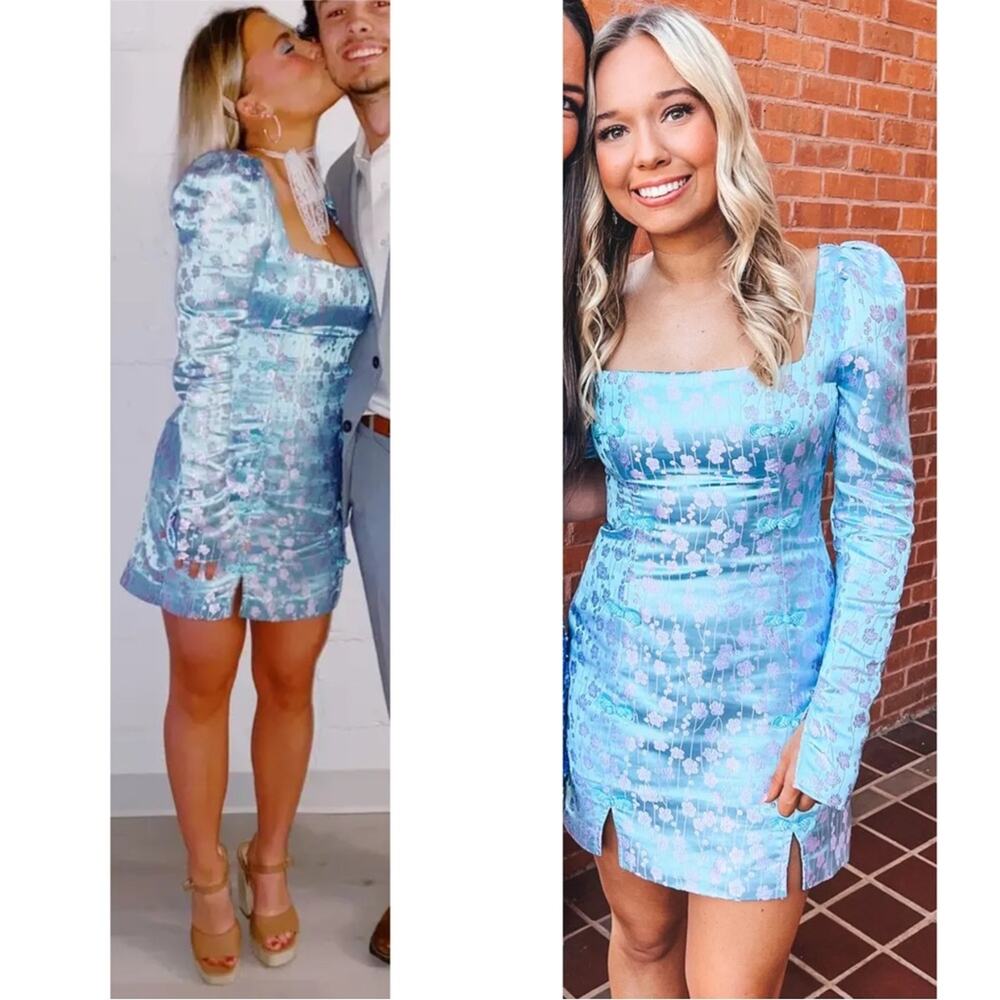 SAU LEE Jen Chinese Jacquard Floral Long Sleeve Mini Dress in Blue Size 12 - Picture 4 of 15